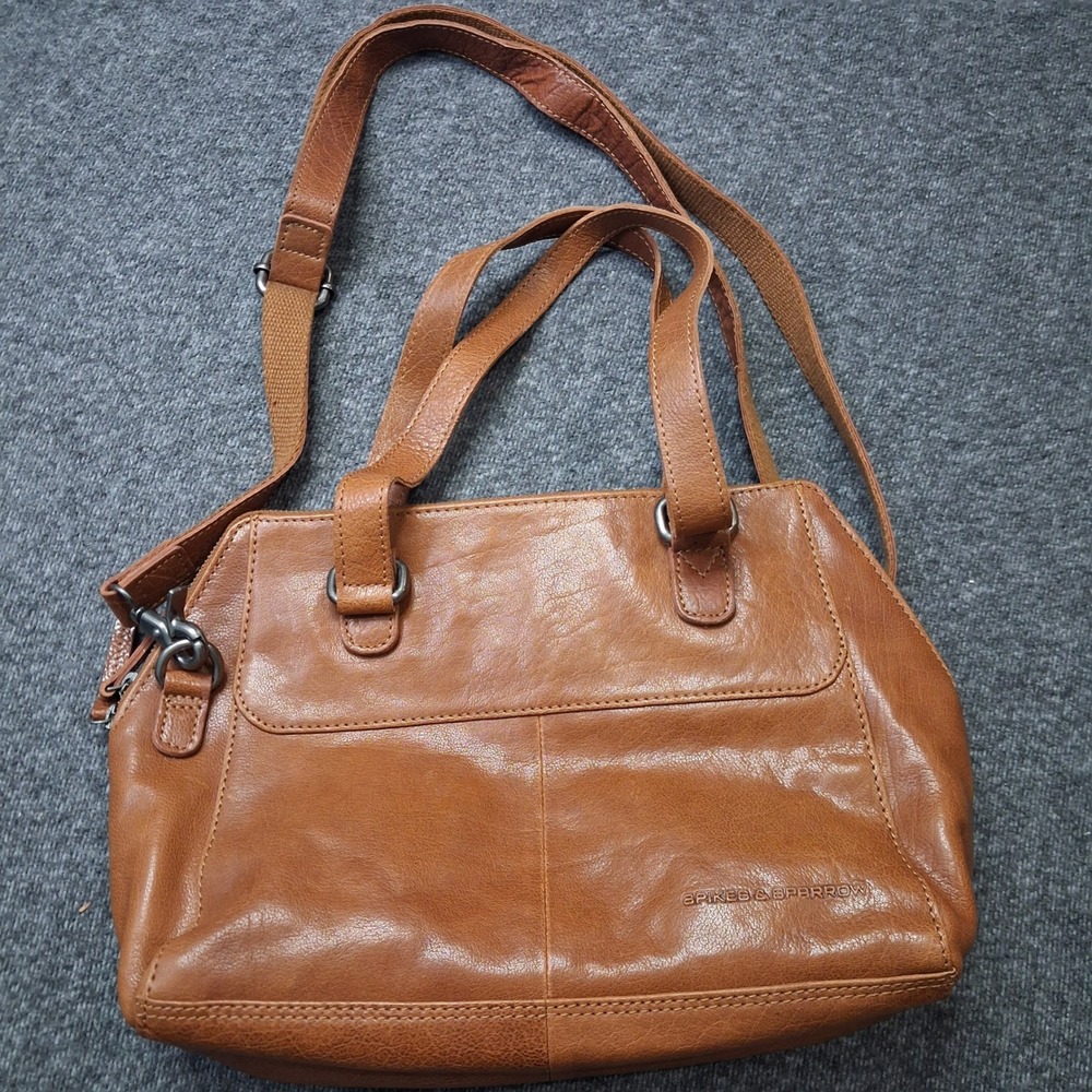 Spikes & Sparrow VTG Brown Leather Satchel Crossbody Bag Houndstooth Lining - Picture 2 of 16